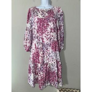 Maison Tara Ivory Pink Floral Print Smocked Tiered Long Sleeve Dress Sz 12‎